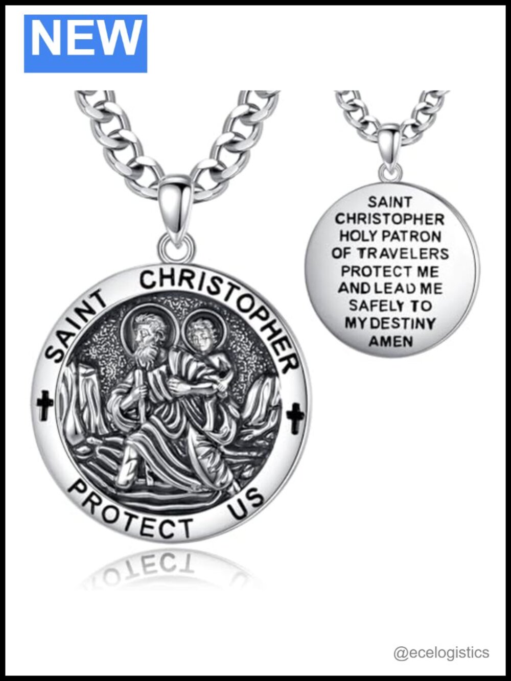 St Christopher Medal Pendant Necklace Silver Plated Cuban Chain